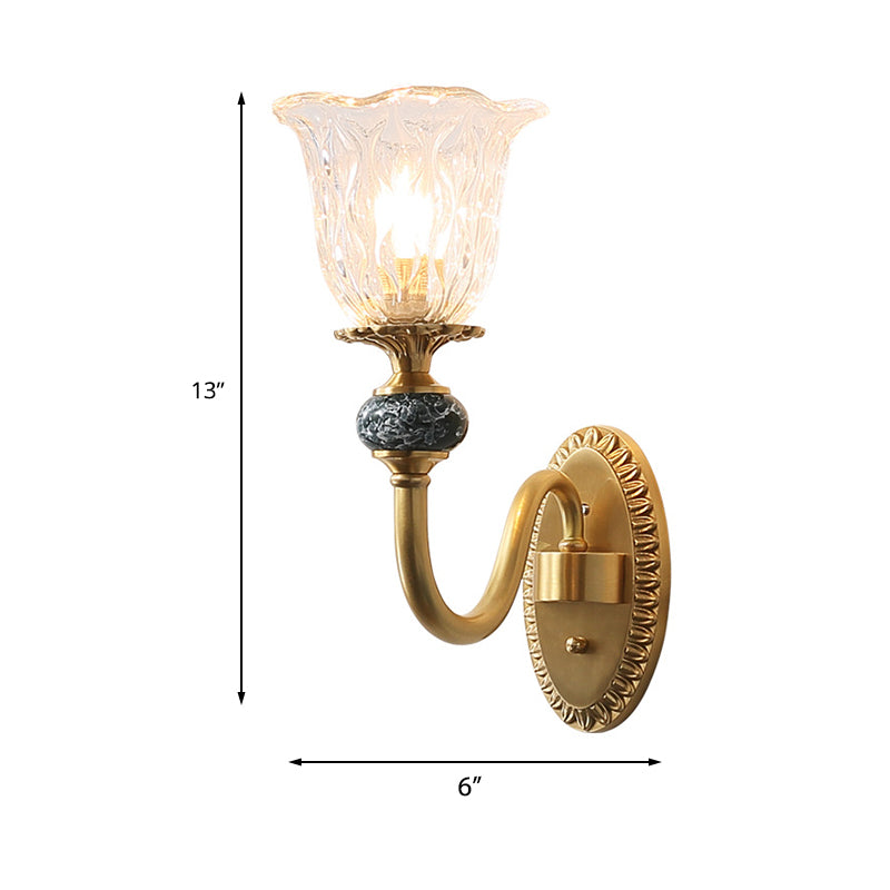 Floral Bedroom Sconce Light Fixture Antique Clear Glass 1/2 Lights Gold Wall Lamp with Arched Arm Clearhalo 'Wall Lamps & Sconces' 'Wall Lights' Lighting' 223772