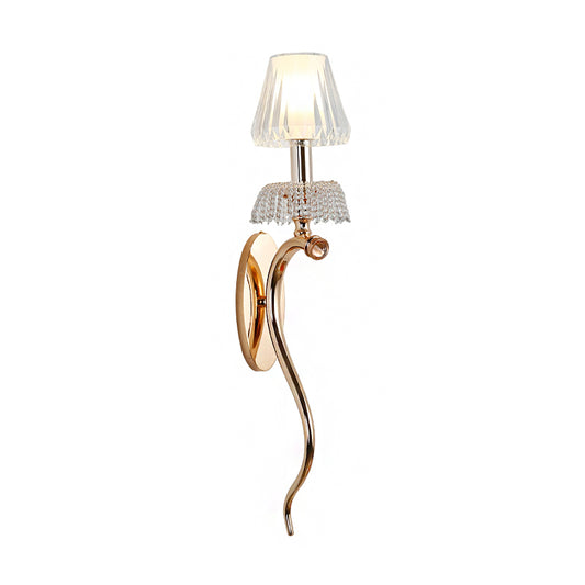 Cone Bedroom Wall Sconce Light Traditional Clear Crystal 1 Light Gold Wall Lamp with Metal Curvy Arm Clearhalo 'Wall Lamps & Sconces' 'Wall Lights' Lighting' 223782