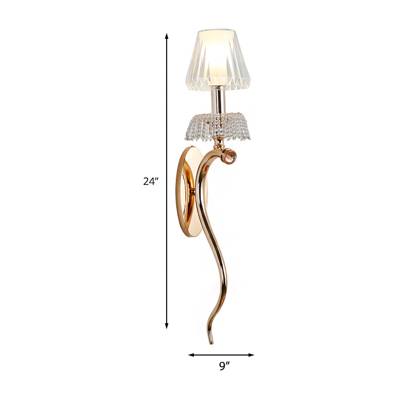 Cone Bedroom Wall Sconce Light Traditional Clear Crystal 1 Light Gold Wall Lamp with Metal Curvy Arm Clearhalo 'Wall Lamps & Sconces' 'Wall Lights' Lighting' 223783