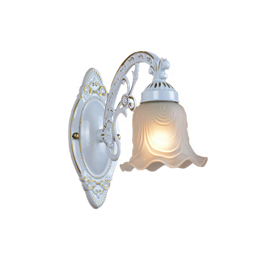 Flower Bedroom Wall Light Fixture Traditional Frosted Glass 1 Light White Wall Lamp with Metal Curvy Arm Clearhalo 'Wall Lamps & Sconces' 'Wall Lights' Lighting' 223787