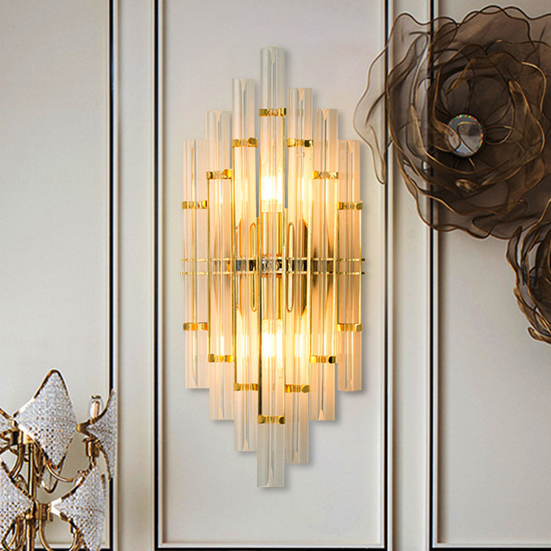 2 Lights Bedroom Wall Light Sconce Contemporary Gold Finish Wall Lamp with Clear Crystal Tube Shape Clearhalo 'Modern wall lights' 'Modern' 'Wall Lamps & Sconces' 'Wall Lights' Lighting' 223807