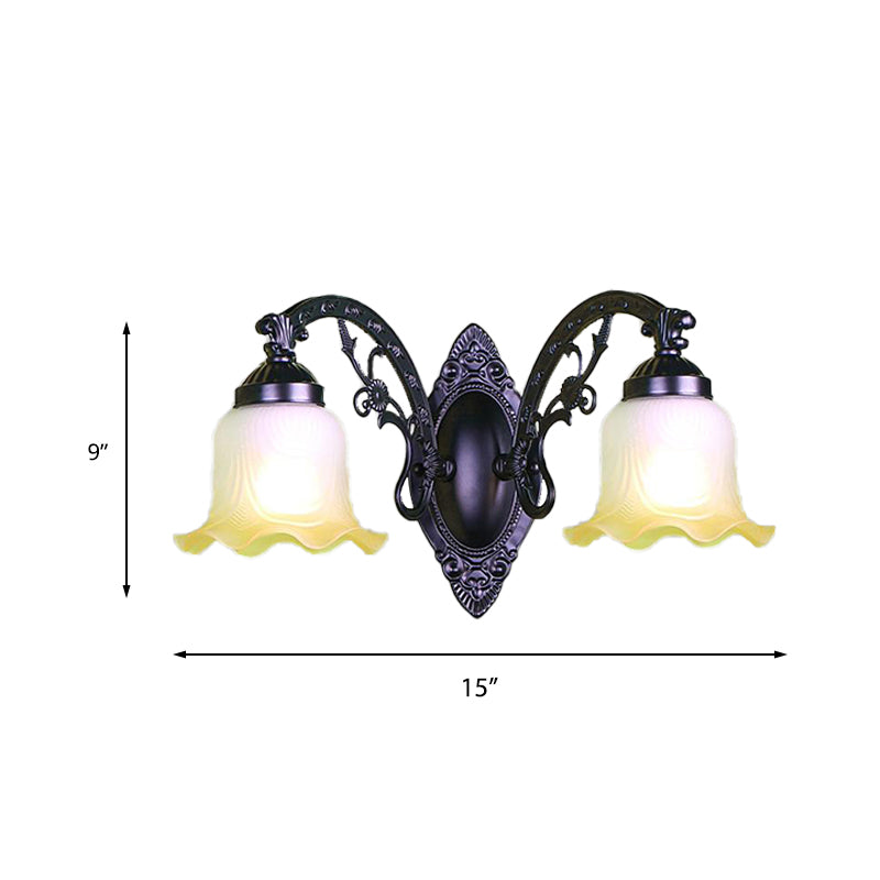 Floral Bedroom Wall Lighting Retro Frosted Glass 1/2 Lights Black Wall Sconce Light with Metal Curvy Arm Clearhalo 'Wall Lamps & Sconces' 'Wall Lights' Lighting' 223813