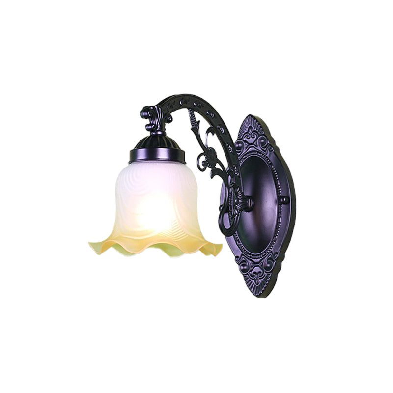 Floral Bedroom Wall Lighting Retro Frosted Glass 1/2 Lights Black Wall Sconce Light with Metal Curvy Arm Clearhalo 'Wall Lamps & Sconces' 'Wall Lights' Lighting' 223816