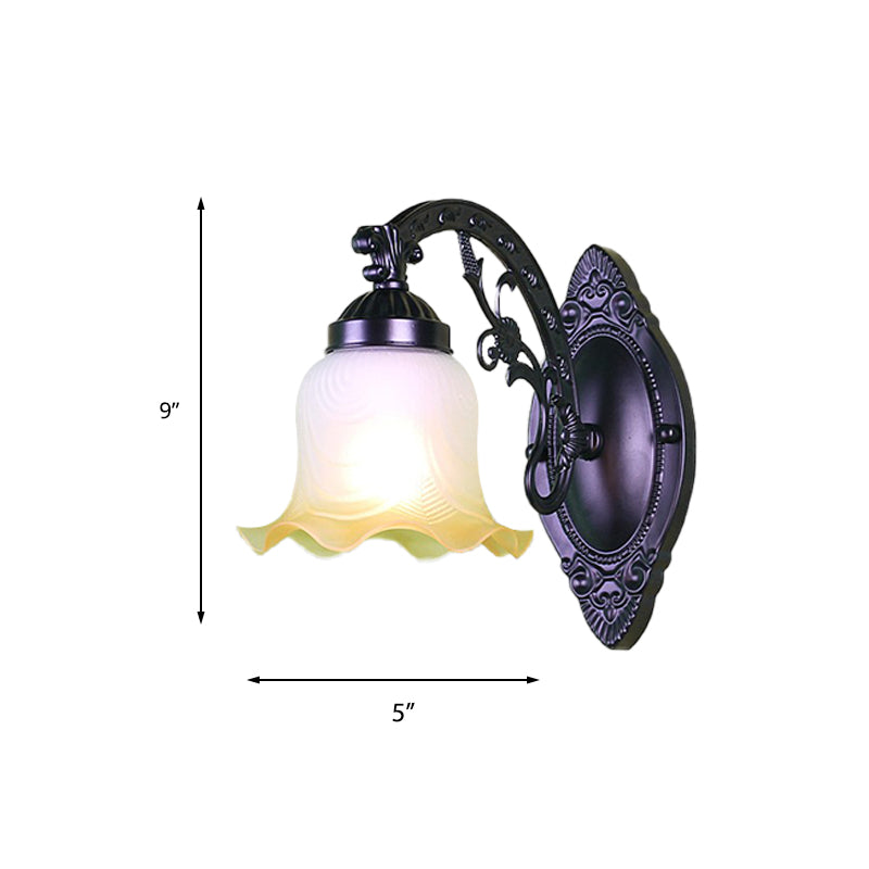 Floral Bedroom Wall Lighting Retro Frosted Glass 1/2 Lights Black Wall Sconce Light with Metal Curvy Arm Clearhalo 'Wall Lamps & Sconces' 'Wall Lights' Lighting' 223817