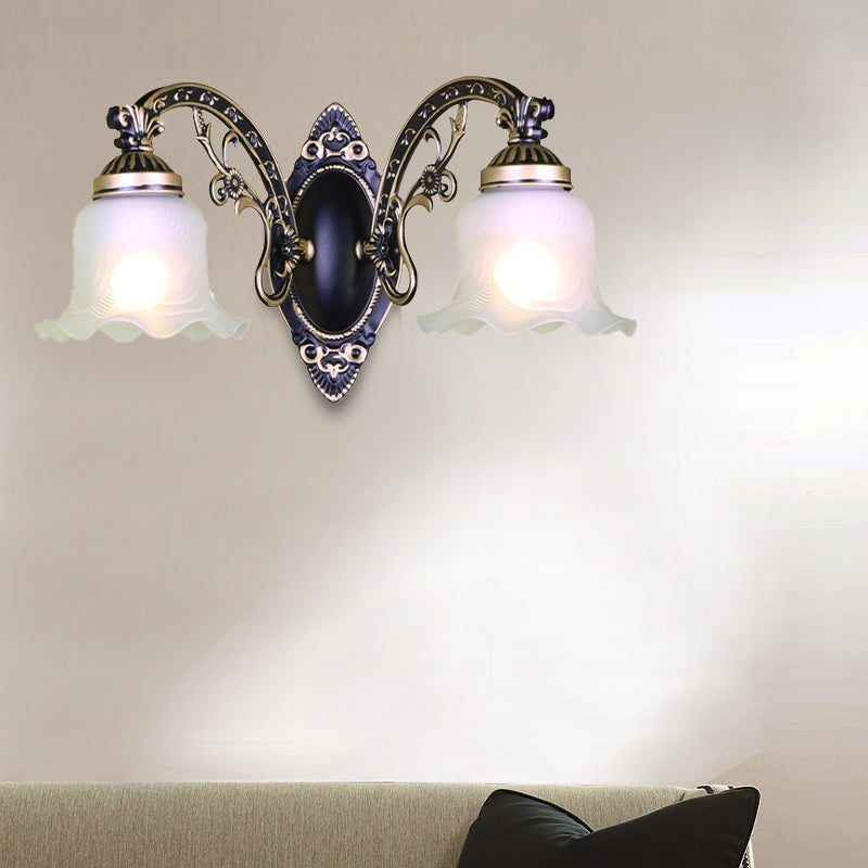 Black/White Blossom Wall Sconce Lighting Traditional Metal 1/2-Light Living Room Sconce Light with Frosted Glass Shade 2.0 Black Clearhalo 'Wall Lamps & Sconces' 'Wall Lights' Lighting' 223824