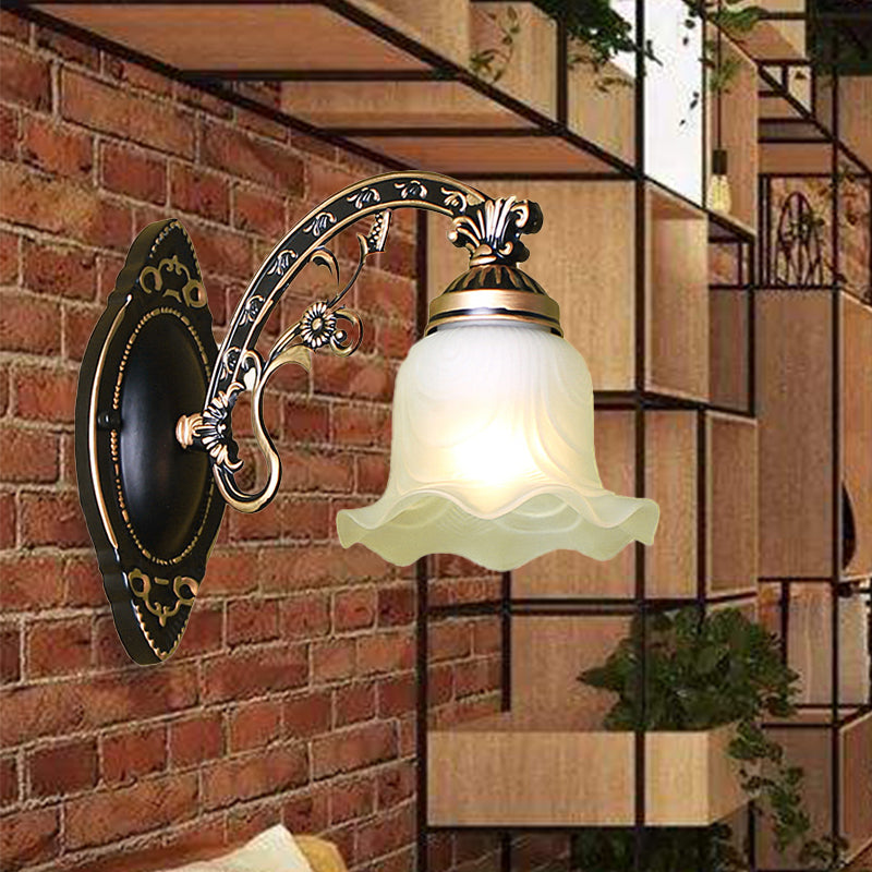 Black/White Blossom Wall Sconce Lighting Traditional Metal 1/2-Light Living Room Sconce Light with Frosted Glass Shade Clearhalo 'Wall Lamps & Sconces' 'Wall Lights' Lighting' 223829