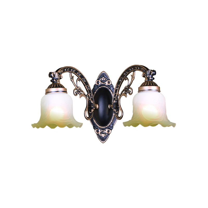 Black/White Scalloped Sconce Light Retro Frosted Glass Shade 1/2-Light Dining Room Wall Lamp with Curved Arm Clearhalo 'Wall Lamps & Sconces' 'Wall Lights' Lighting' 223840