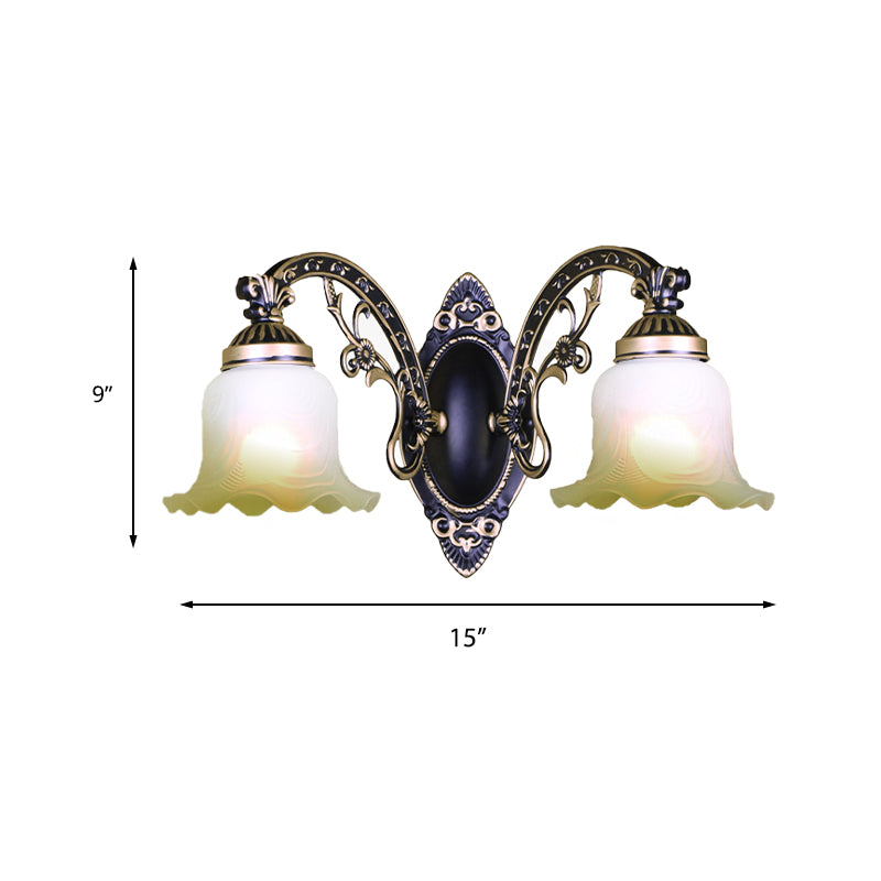 Black/White Scalloped Sconce Light Retro Frosted Glass Shade 1/2-Light Dining Room Wall Lamp with Curved Arm Clearhalo 'Wall Lamps & Sconces' 'Wall Lights' Lighting' 223841