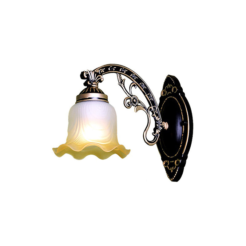 Black/White Scalloped Sconce Light Retro Frosted Glass Shade 1/2-Light Dining Room Wall Lamp with Curved Arm Clearhalo 'Wall Lamps & Sconces' 'Wall Lights' Lighting' 223851