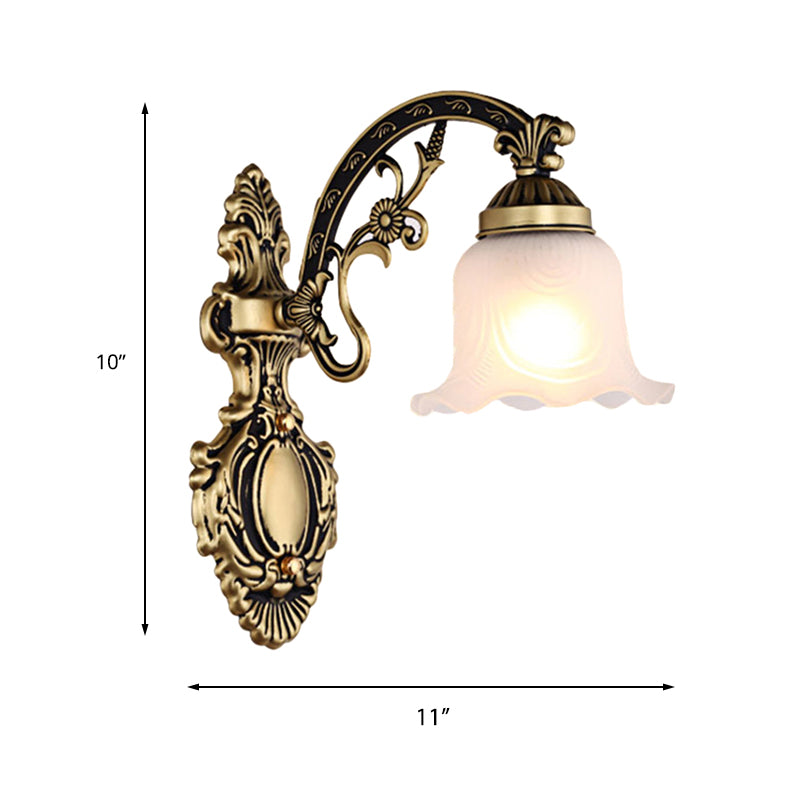 Brass/Gold Scalloped Wall Light Fixture Retro White Glass Shade 1/2-Light Living Room Wall Lamp Clearhalo 'Wall Lamps & Sconces' 'Wall Lights' Lighting' 223870