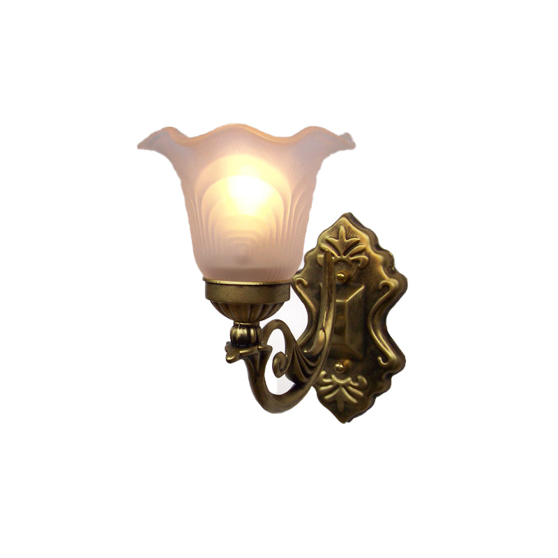 Bronze Floral Wall Mount Light Traditional White Glass Shade 1-Light Living Room Sconce Light with Curvy Arm Clearhalo 'Wall Lamps & Sconces' 'Wall Lights' Lighting' 223873