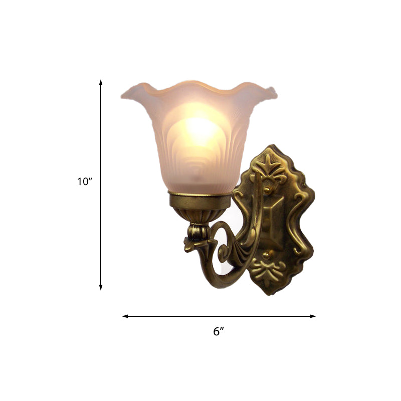 Bronze Floral Wall Mount Light Traditional White Glass Shade 1-Light Living Room Sconce Light with Curvy Arm Clearhalo 'Wall Lamps & Sconces' 'Wall Lights' Lighting' 223874