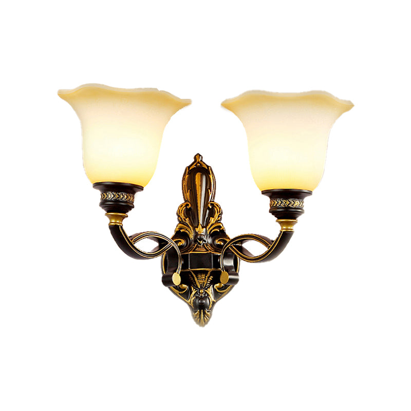 Black Blossom Wall Mounted Light Traditional White Glass Shade 1/2-Light Bedroom Wall Sconce with Metal Curvy Arm Clearhalo 'Wall Lamps & Sconces' 'Wall Lights' Lighting' 223877