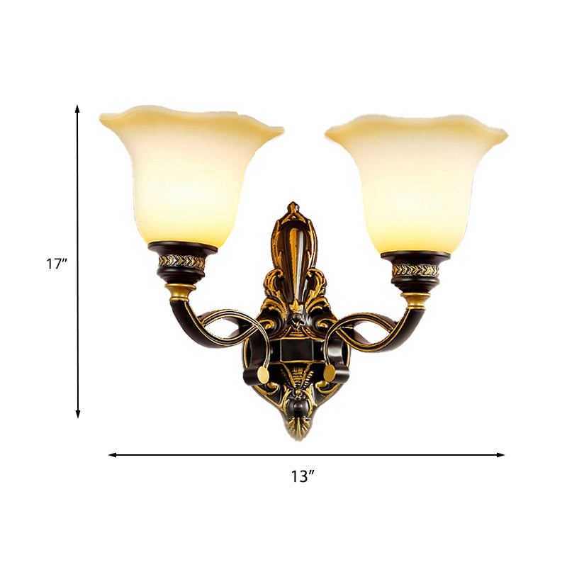 Black Blossom Wall Mounted Light Traditional White Glass Shade 1/2-Light Bedroom Wall Sconce with Metal Curvy Arm Clearhalo 'Wall Lamps & Sconces' 'Wall Lights' Lighting' 223878