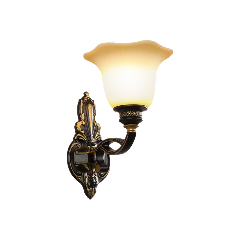 Black Blossom Wall Mounted Light Traditional White Glass Shade 1/2-Light Bedroom Wall Sconce with Metal Curvy Arm Clearhalo 'Wall Lamps & Sconces' 'Wall Lights' Lighting' 223881