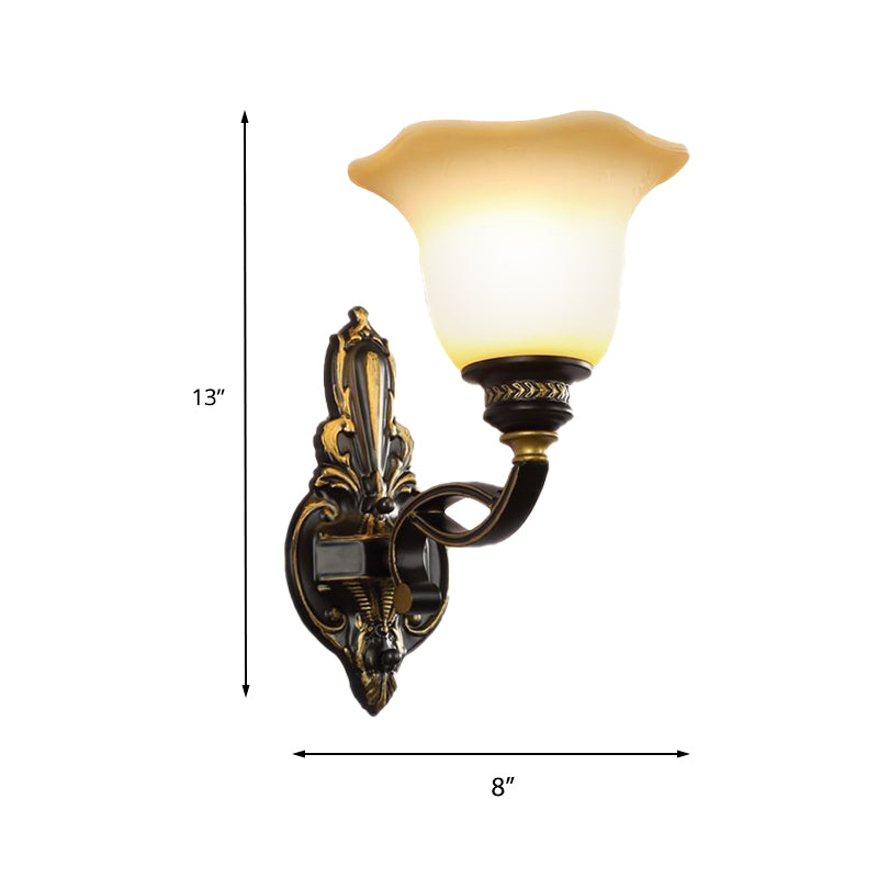 Black Blossom Wall Mounted Light Traditional White Glass Shade 1/2-Light Bedroom Wall Sconce with Metal Curvy Arm Clearhalo 'Wall Lamps & Sconces' 'Wall Lights' Lighting' 223882