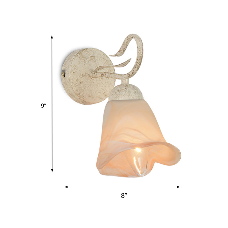 Frosted Glass Distressed White Sconce Floral Single Light Traditional Wall Mount Light with Round Backplate for Bedroom Clearhalo 'Wall Lamps & Sconces' 'Wall Lights' Lighting' 223903