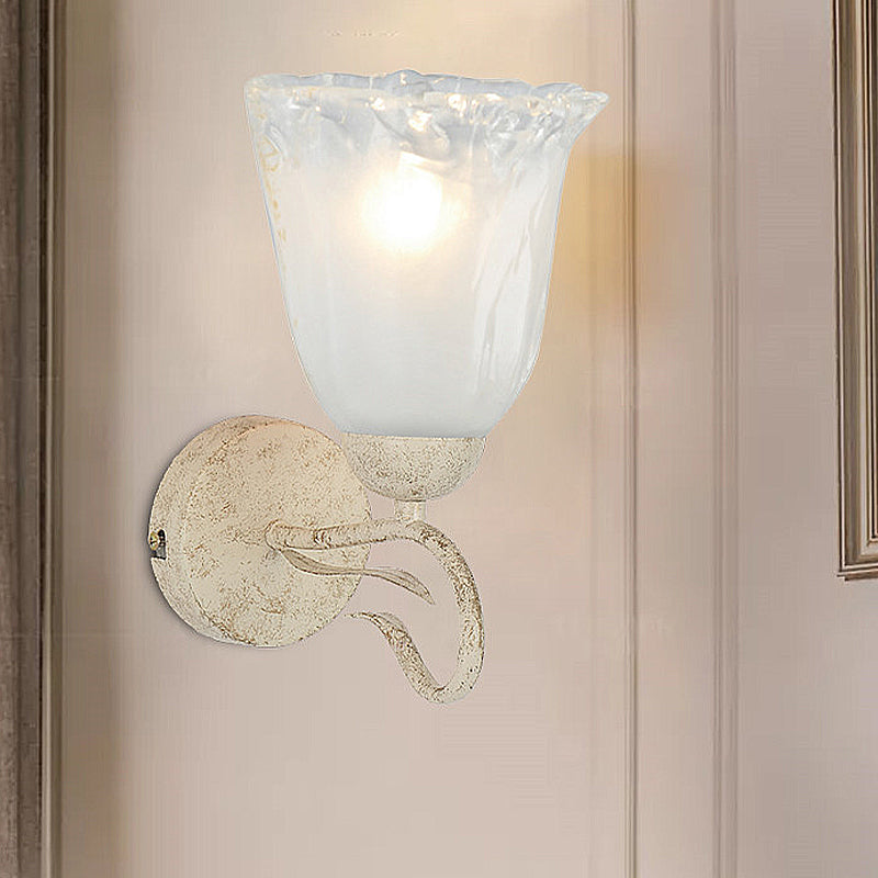 Frosted Glass White Wall Sconce Floral Single Bulb Vintage Wall Light Fixture with Round Backplate White Clearhalo 'Wall Lamps & Sconces' 'Wall Lights' Lighting' 223905