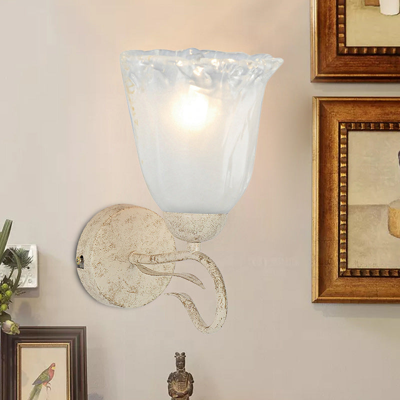 Frosted Glass White Wall Sconce Floral Single Bulb Vintage Wall Light Fixture with Round Backplate Clearhalo 'Wall Lamps & Sconces' 'Wall Lights' Lighting' 223906