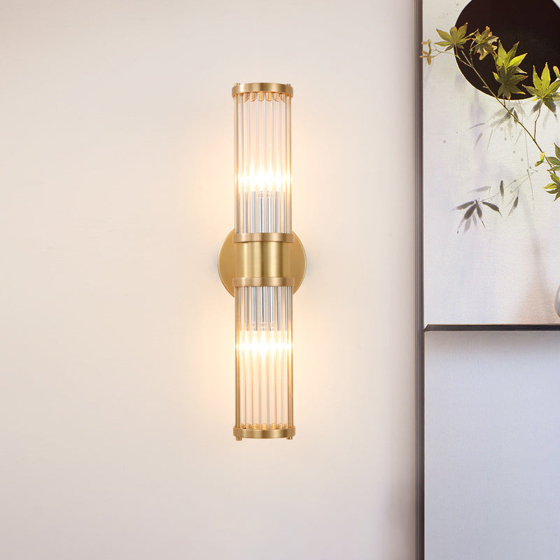 Brass Linear Wall Lamp Modern Stylish 2 Lights Clear Crystal Wall Light Sconce with Cylinder Shape Brass Clearhalo 'Modern wall lights' 'Modern' 'Wall Lamps & Sconces' 'Wall Lights' Lighting' 223919