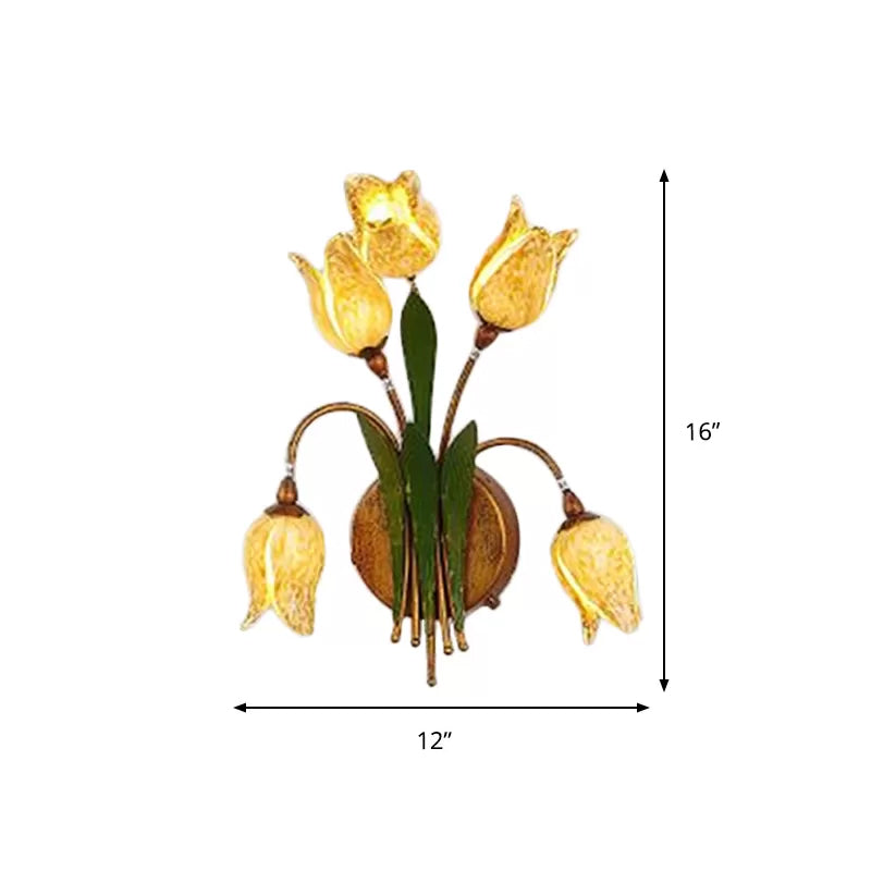 Tulip Nosegay Bedroom Sconce Light Vintage Beige Glass 2/3/5 Heads Antique Brass Wall Mounted Night Light Clearhalo 'Wall Lamps & Sconces' 'Wall Lights' Lighting' 2239469