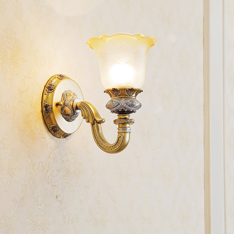 Vintage Flower Wall Light 1 Light Frosted Glass Wall Sconce Lighting with Metal Carved Arm in Gold for Foyer Gold Clearhalo 'Wall Lamps & Sconces' 'Wall Lights' Lighting' 223958