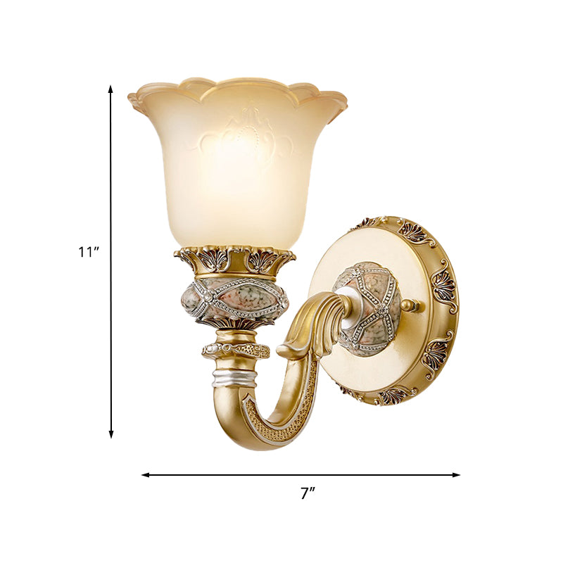 Vintage Flower Wall Light 1 Light Frosted Glass Wall Sconce Lighting with Metal Carved Arm in Gold for Foyer Clearhalo 'Wall Lamps & Sconces' 'Wall Lights' Lighting' 223961