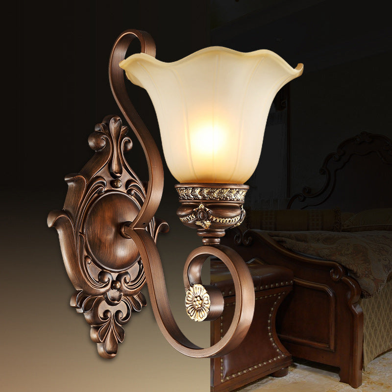 Retro Floral Wall Lamp 1 Light Frosted Glass Wall Sconce Light with Metal Curved Arm in Brown for Porch Red Brown Clearhalo 'Wall Lamps & Sconces' 'Wall Lights' Lighting' 223963