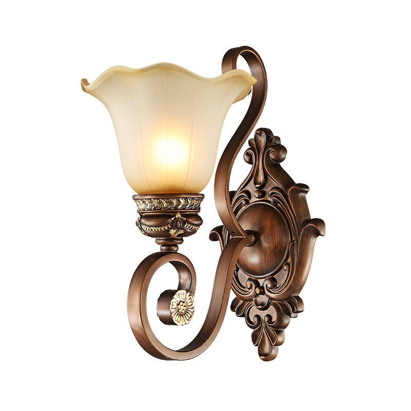 Retro Floral Wall Lamp 1 Light Frosted Glass Wall Sconce Light with Metal Curved Arm in Brown for Porch Clearhalo 'Wall Lamps & Sconces' 'Wall Lights' Lighting' 223965