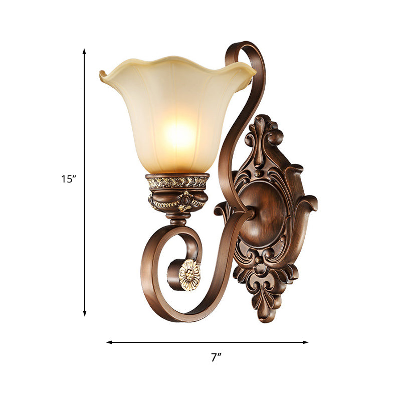 Retro Floral Wall Lamp 1 Light Frosted Glass Wall Sconce Light with Metal Curved Arm in Brown for Porch Clearhalo 'Wall Lamps & Sconces' 'Wall Lights' Lighting' 223966