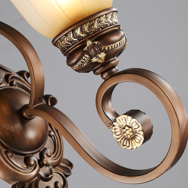 Retro Floral Wall Lamp 1 Light Frosted Glass Wall Sconce Light with Metal Curved Arm in Brown for Porch Clearhalo 'Wall Lamps & Sconces' 'Wall Lights' Lighting' 223967