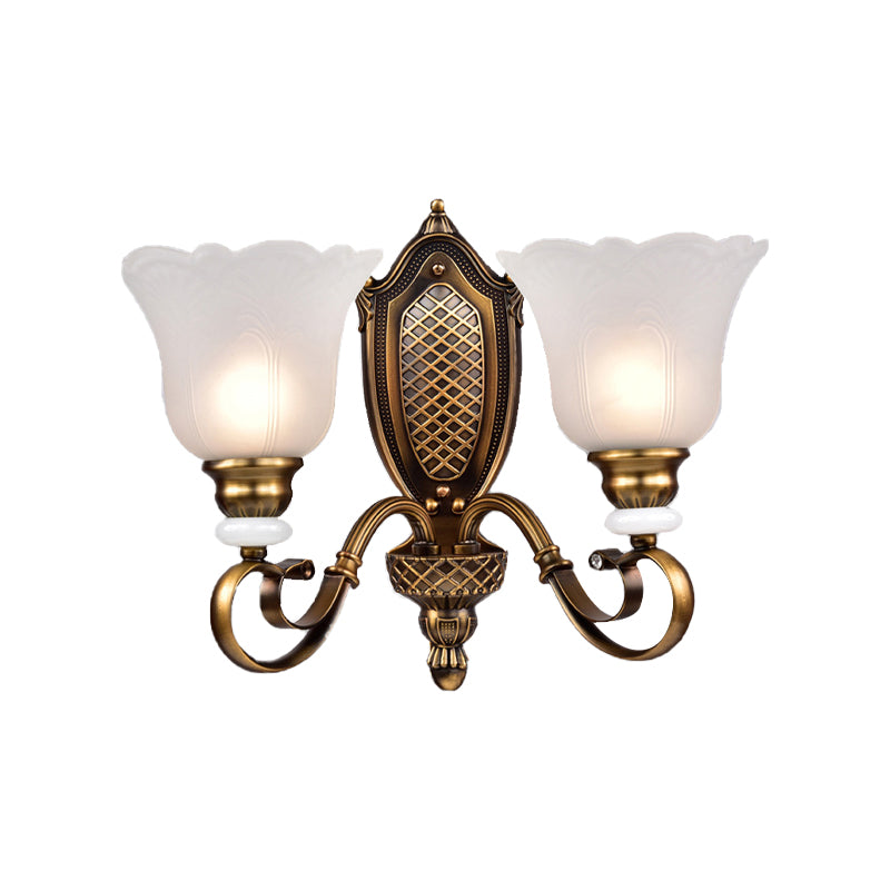 Retro Floral Sconce Light Fixture 1/2-Light White Glass Wall Mounted Light with Metal Curved Arm in Bronze Clearhalo 'Wall Lamps & Sconces' 'Wall Lights' Lighting' 223985