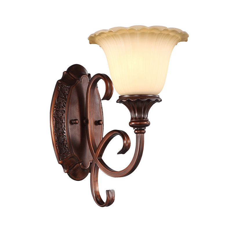 1-Light Frosted Glass Wall Light Vintage Style Red Brown Flower Bedroom Wall Sconce with Curvy Arm Clearhalo 'Wall Lamps & Sconces' 'Wall Lights' Lighting' 223998