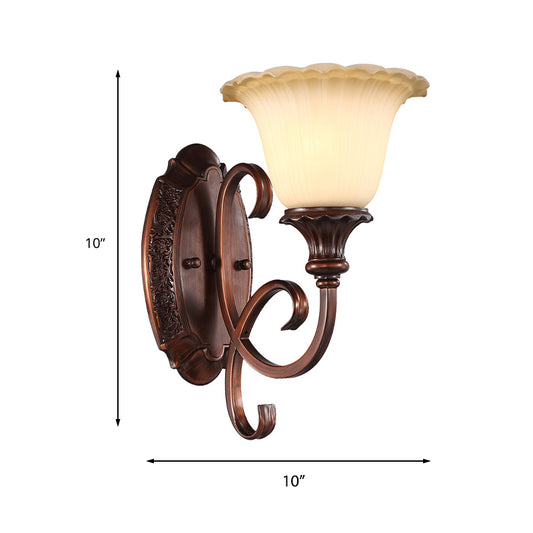 1-Light Frosted Glass Wall Light Vintage Style Red Brown Flower Bedroom Wall Sconce with Curvy Arm Clearhalo 'Wall Lamps & Sconces' 'Wall Lights' Lighting' 223999