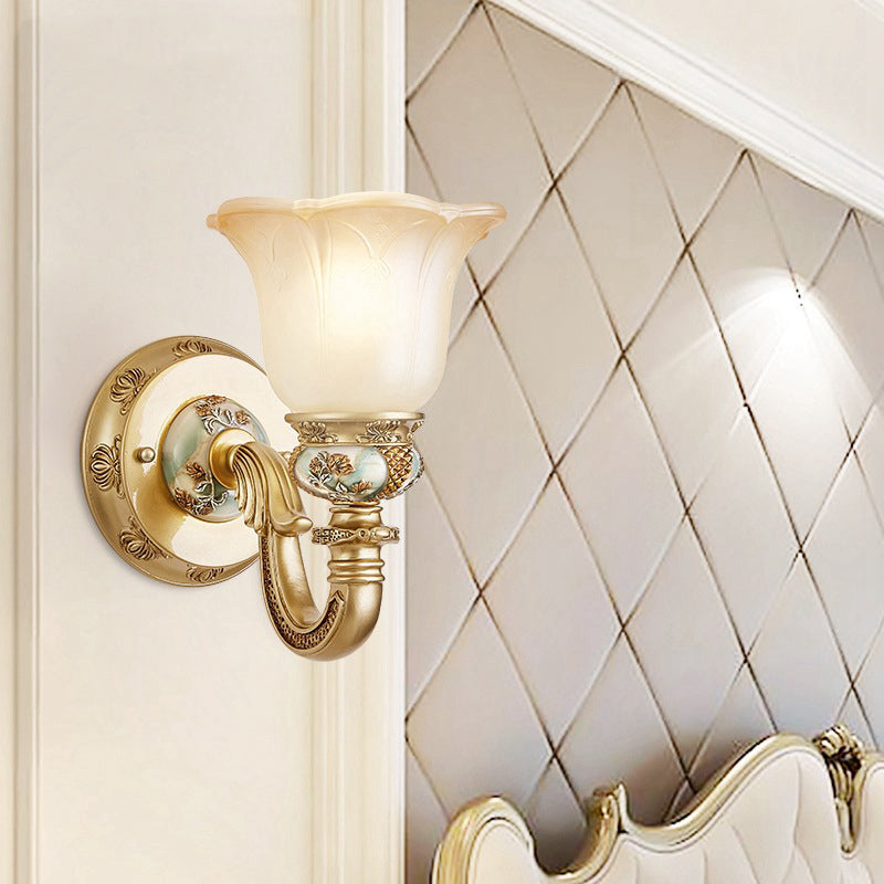 1 Bulb White Glass Wall Sconce Traditional Gold Floral Shade Dining Room Sconce Light with Arched Arm Gold Clearhalo 'Wall Lamps & Sconces' 'Wall Lights' Lighting' 224001