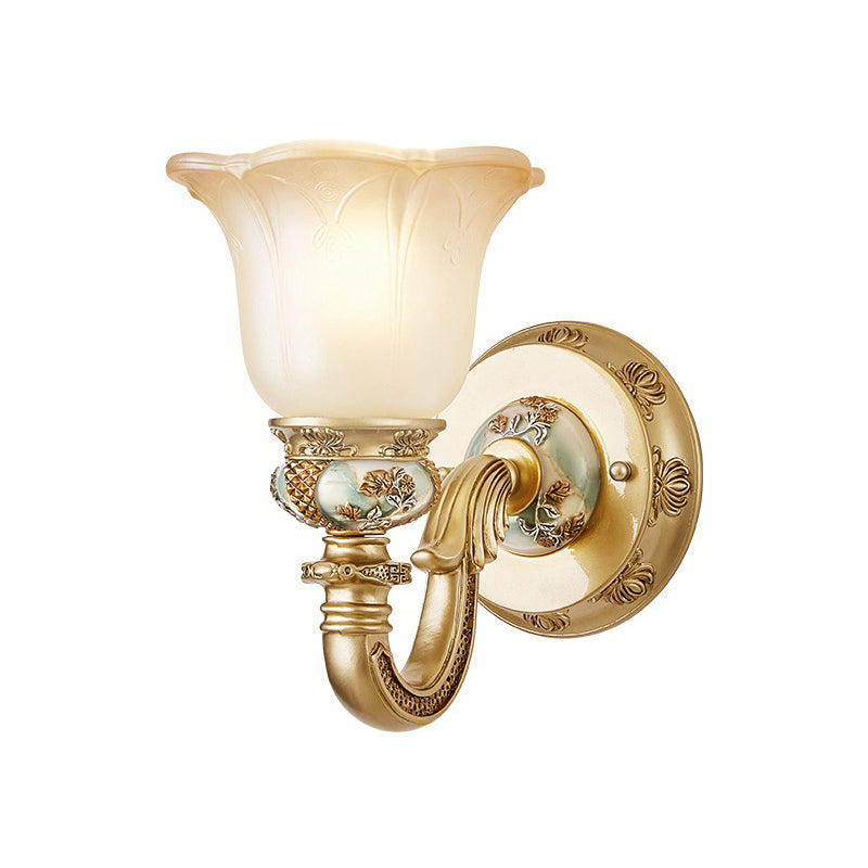1 Bulb White Glass Wall Sconce Traditional Gold Floral Shade Dining Room Sconce Light with Arched Arm Clearhalo 'Wall Lamps & Sconces' 'Wall Lights' Lighting' 224003