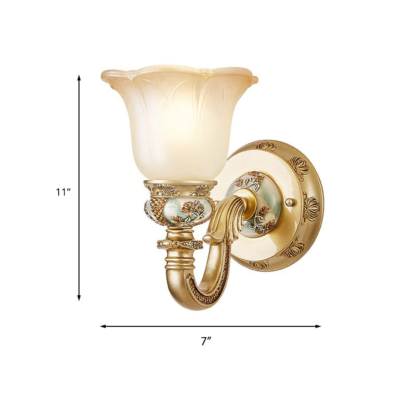 1 Bulb White Glass Wall Sconce Traditional Gold Floral Shade Dining Room Sconce Light with Arched Arm Clearhalo 'Wall Lamps & Sconces' 'Wall Lights' Lighting' 224004