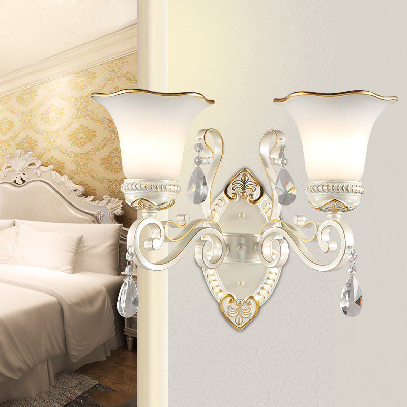 1/2-Bulb Frosted Glass Wall Lamp White Floral Shade Living Room Sconce Light with Crystal Accent 2.0 White Clearhalo 'Wall Lamps & Sconces' 'Wall Lights' Lighting' 224006