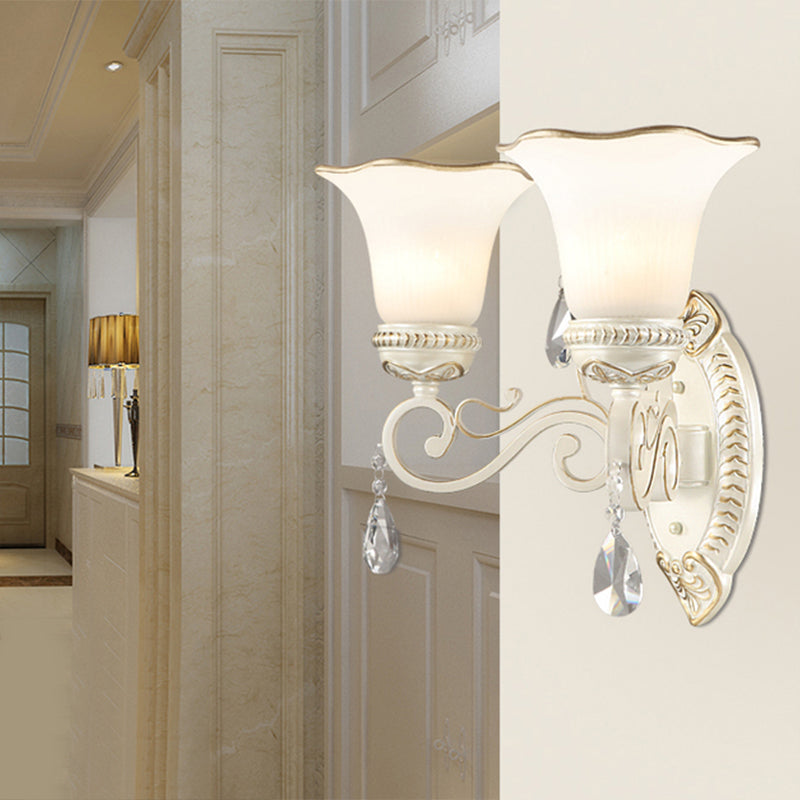 1/2-Bulb Frosted Glass Wall Lamp White Floral Shade Living Room Sconce Light with Crystal Accent Clearhalo 'Wall Lamps & Sconces' 'Wall Lights' Lighting' 224007