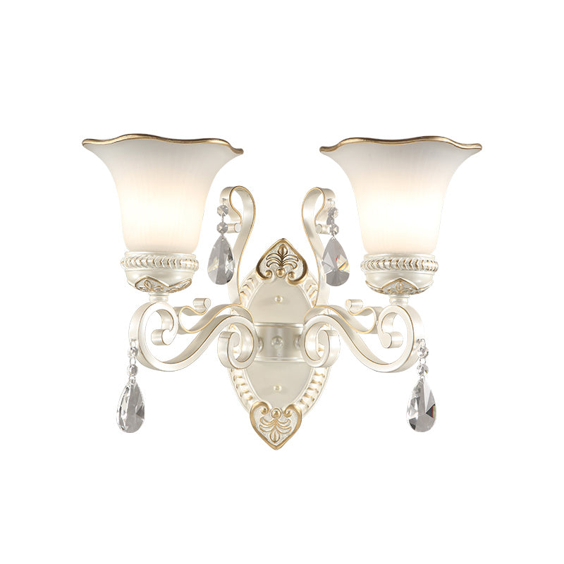 1/2-Bulb Frosted Glass Wall Lamp White Floral Shade Living Room Sconce Light with Crystal Accent Clearhalo 'Wall Lamps & Sconces' 'Wall Lights' Lighting' 224008