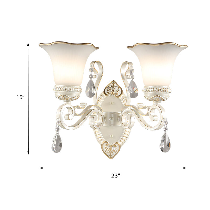 1/2-Bulb Frosted Glass Wall Lamp White Floral Shade Living Room Sconce Light with Crystal Accent Clearhalo 'Wall Lamps & Sconces' 'Wall Lights' Lighting' 224009