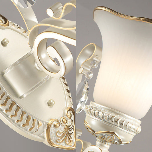 1/2-Bulb Frosted Glass Wall Lamp White Floral Shade Living Room Sconce Light with Crystal Accent Clearhalo 'Wall Lamps & Sconces' 'Wall Lights' Lighting' 224011