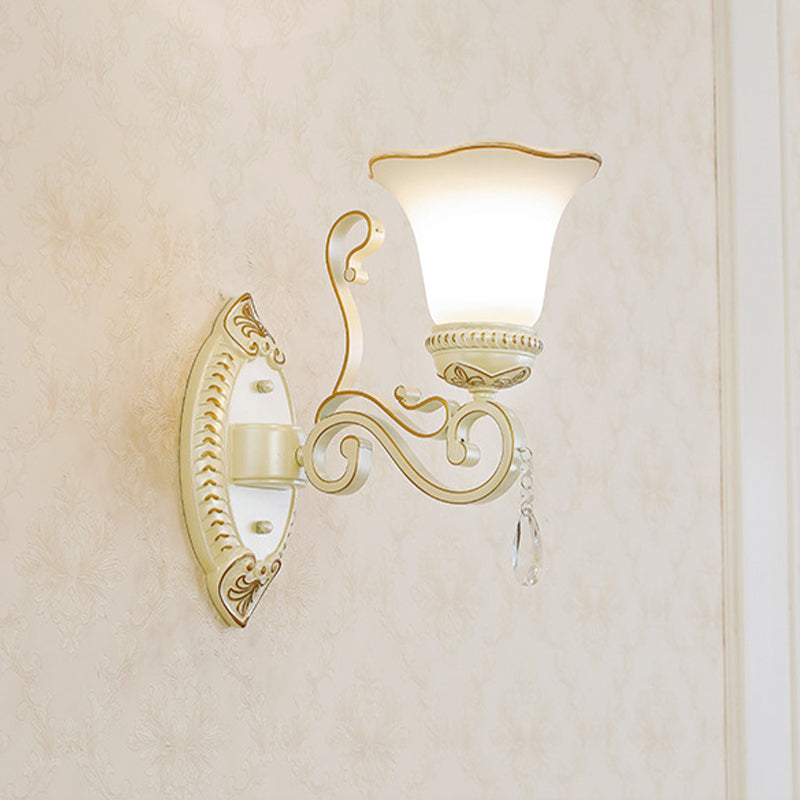 1/2-Bulb Frosted Glass Wall Lamp White Floral Shade Living Room Sconce Light with Crystal Accent 1.0 White Clearhalo 'Wall Lamps & Sconces' 'Wall Lights' Lighting' 224012