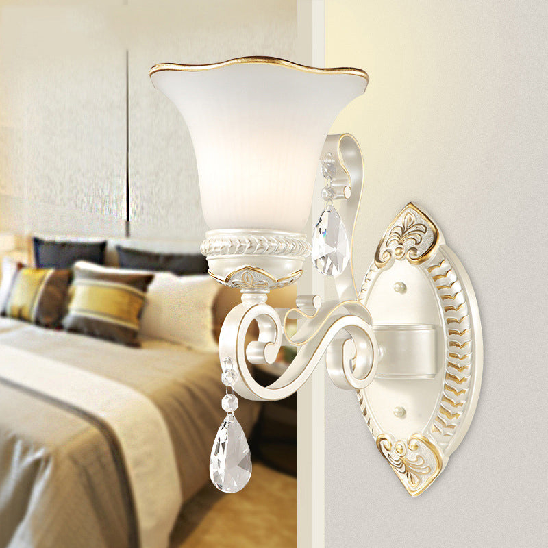 1/2-Bulb Frosted Glass Wall Lamp White Floral Shade Living Room Sconce Light with Crystal Accent Clearhalo 'Wall Lamps & Sconces' 'Wall Lights' Lighting' 224013