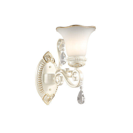 1/2-Bulb Frosted Glass Wall Lamp White Floral Shade Living Room Sconce Light with Crystal Accent Clearhalo 'Wall Lamps & Sconces' 'Wall Lights' Lighting' 224014