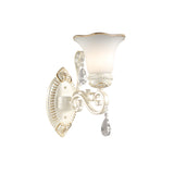 1/2-Bulb Frosted Glass Wall Lamp White Floral Shade Living Room Sconce Light with Crystal Accent Clearhalo 'Wall Lamps & Sconces' 'Wall Lights' Lighting' 224014