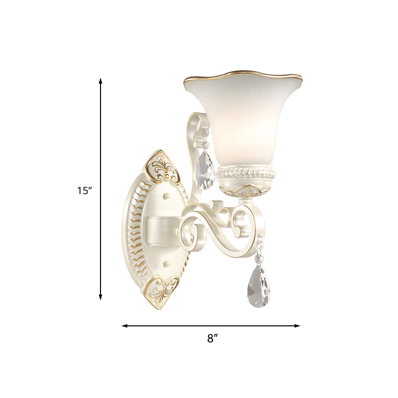 1/2-Bulb Frosted Glass Wall Lamp White Floral Shade Living Room Sconce Light with Crystal Accent Clearhalo 'Wall Lamps & Sconces' 'Wall Lights' Lighting' 224015