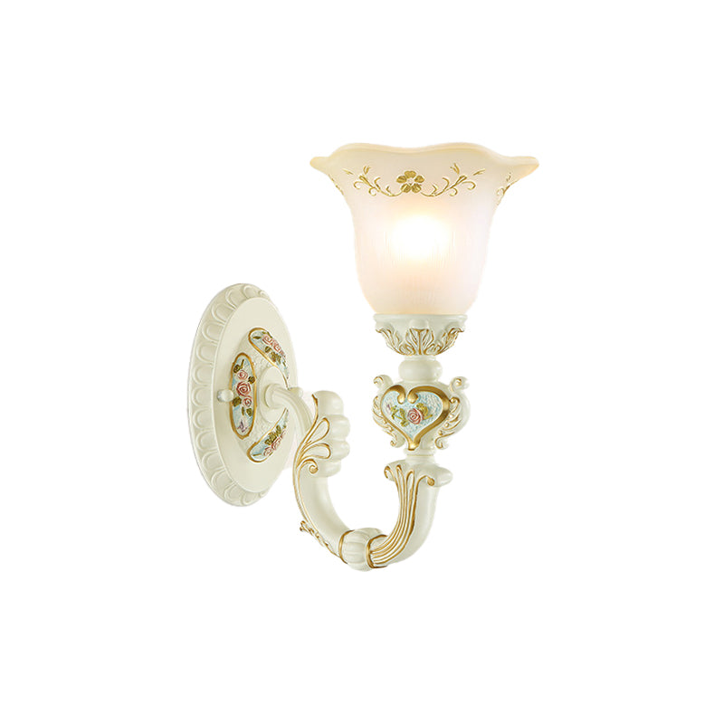 1-Light Wall Mount Lamp Retro Flower Frosted Glass Sconce Light with Carved Arm in White for Porch Clearhalo 'Wall Lamps & Sconces' 'Wall Lights' Lighting' 224022