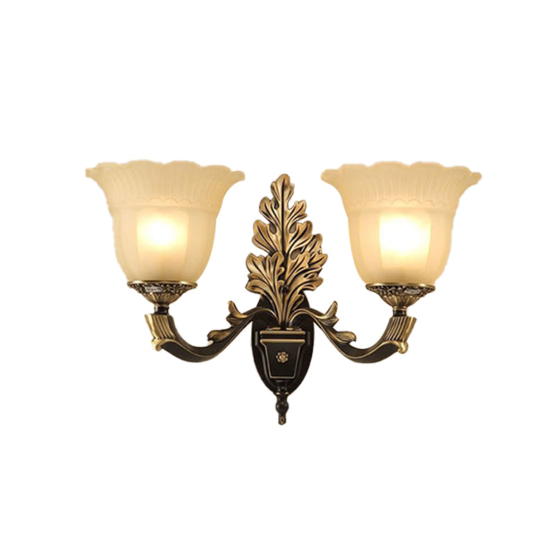 1/2-Light Wall Sconce Traditional Blossom Frosted Glass Sconce Light with Curvy Arm in Black for Hallway Clearhalo 'Wall Lamps & Sconces' 'Wall Lights' Lighting' 224027