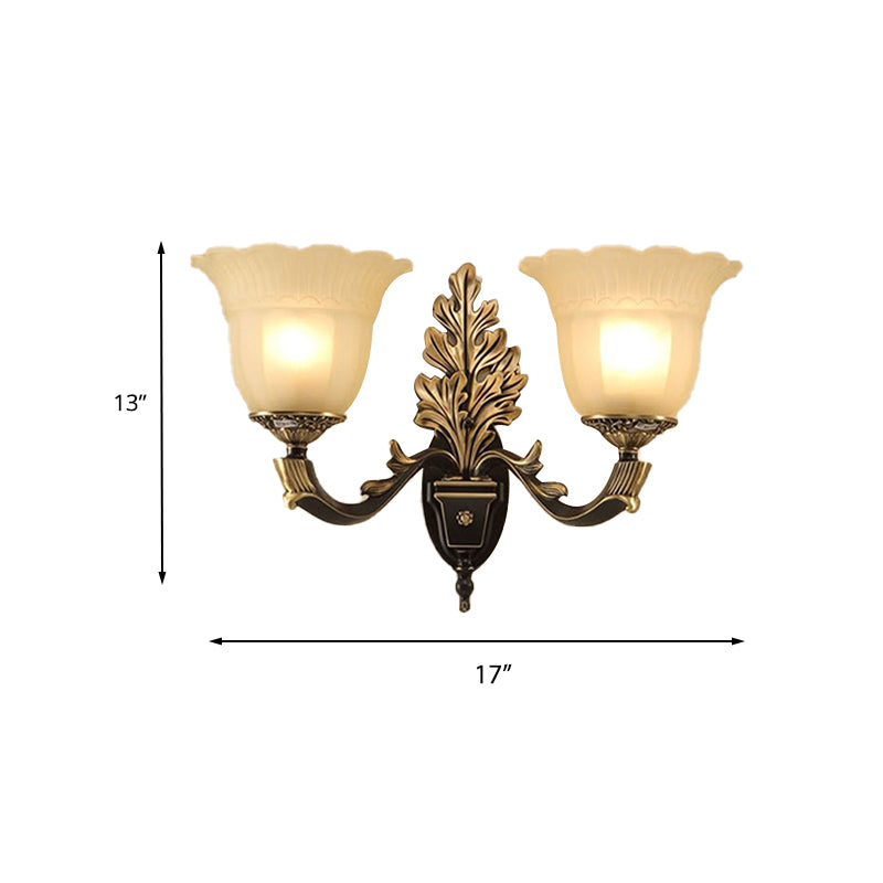 1/2-Light Wall Sconce Traditional Blossom Frosted Glass Sconce Light with Curvy Arm in Black for Hallway Clearhalo 'Wall Lamps & Sconces' 'Wall Lights' Lighting' 224028